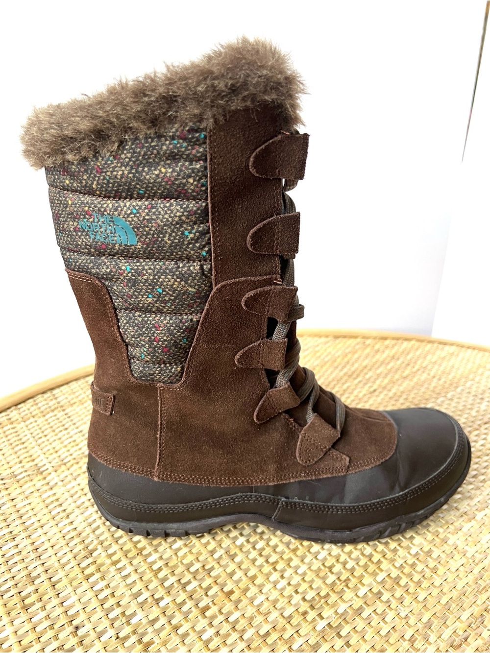 The North Face Nuptse Purna winter boots brown suede multi tweed faux fur 8.5